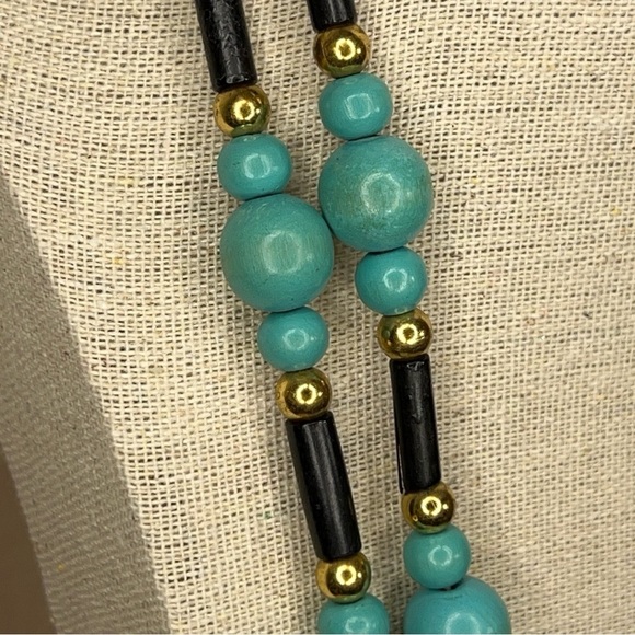 TEAL BLACK WOODEN BEADED NECKLACE TRIBAL GOLD ACCENT SPRING RING - Picture 3 of 7